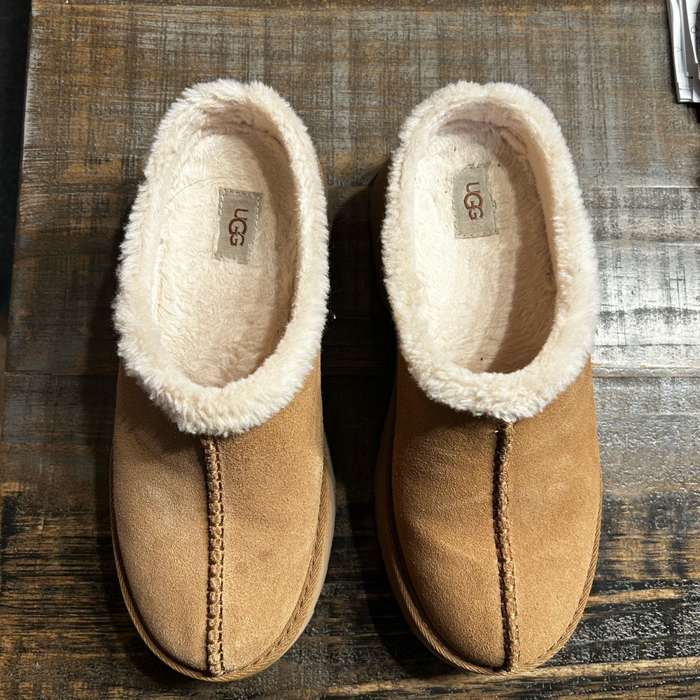 UGG New Heights. Chestnut Suede Mules with Soft Cream Lining